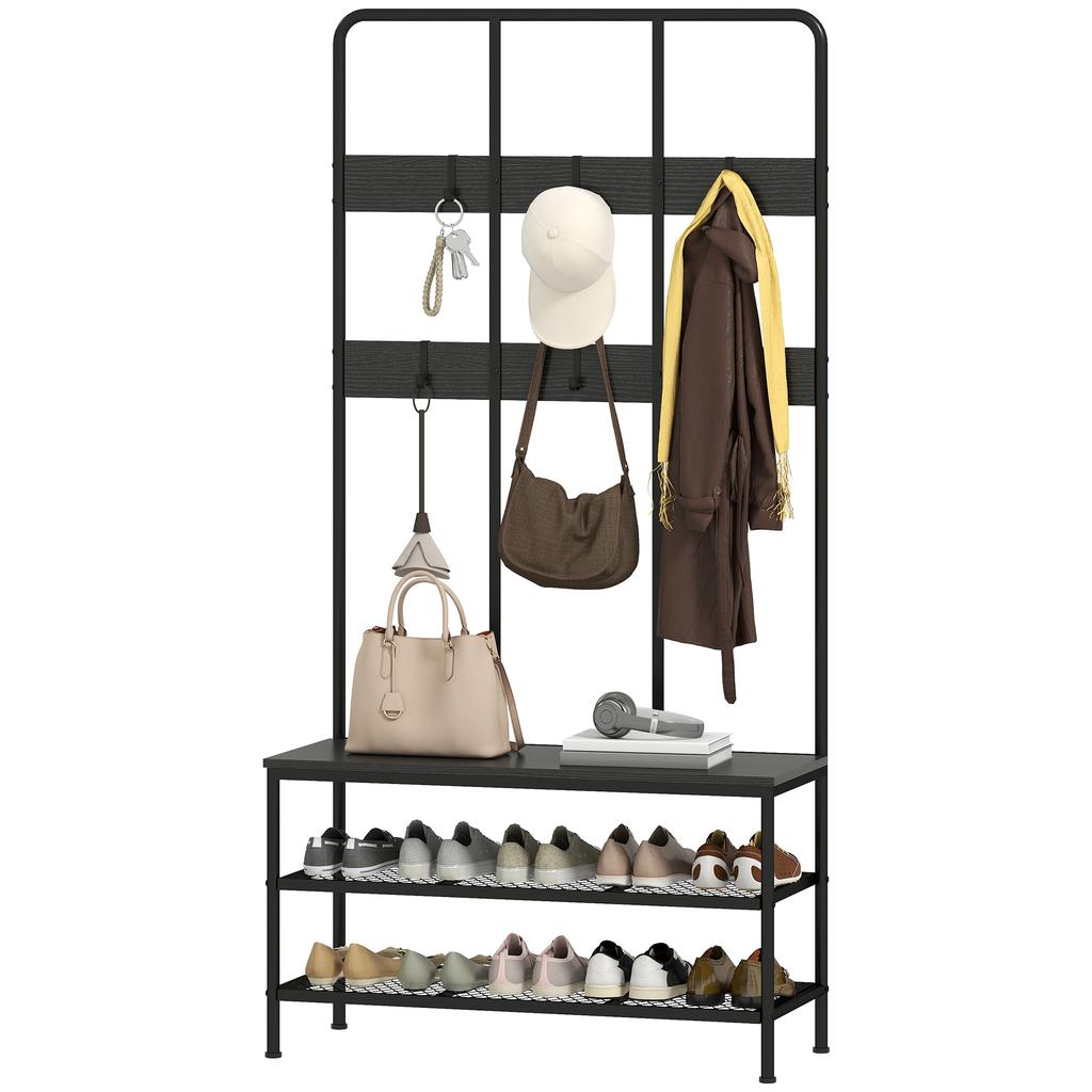 3-in-1 Hallway Coat Rack with 6 Hooks and Shoe Rack Bench, 91x36x180cm, Black