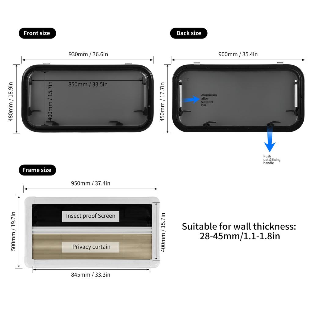 RV Push Out Window Double Layer Acrylic Glass  Curtain 900x450mm Stale Structure External Exit Window for Campervans