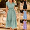 Summer Boho Beach Dress Women Midi Swing Sundress V Neck Ruffle Cap Sleeve Flowy Wrap A-line