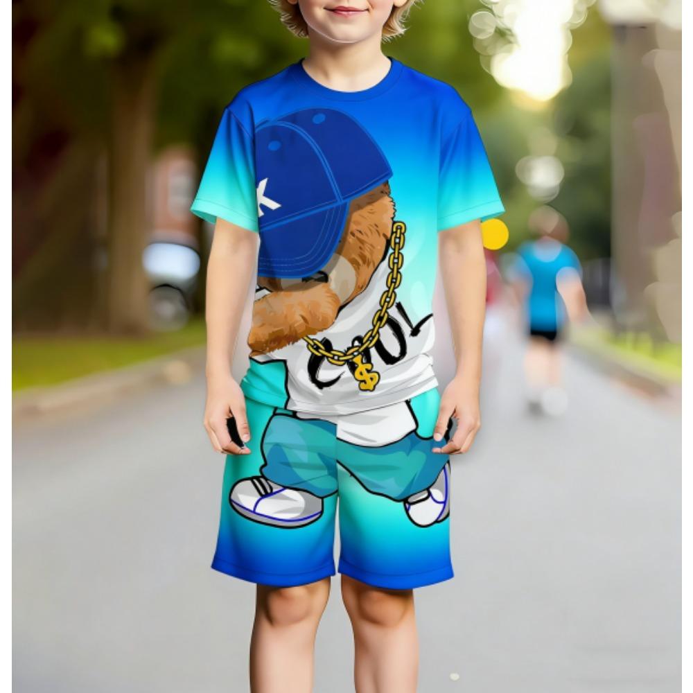 Europe and America Funny Bear Fashion Men's Set Summer Men's T-shirt and Shorts 2 Piece Set Outdoor Casual Men's and Women's Outfit