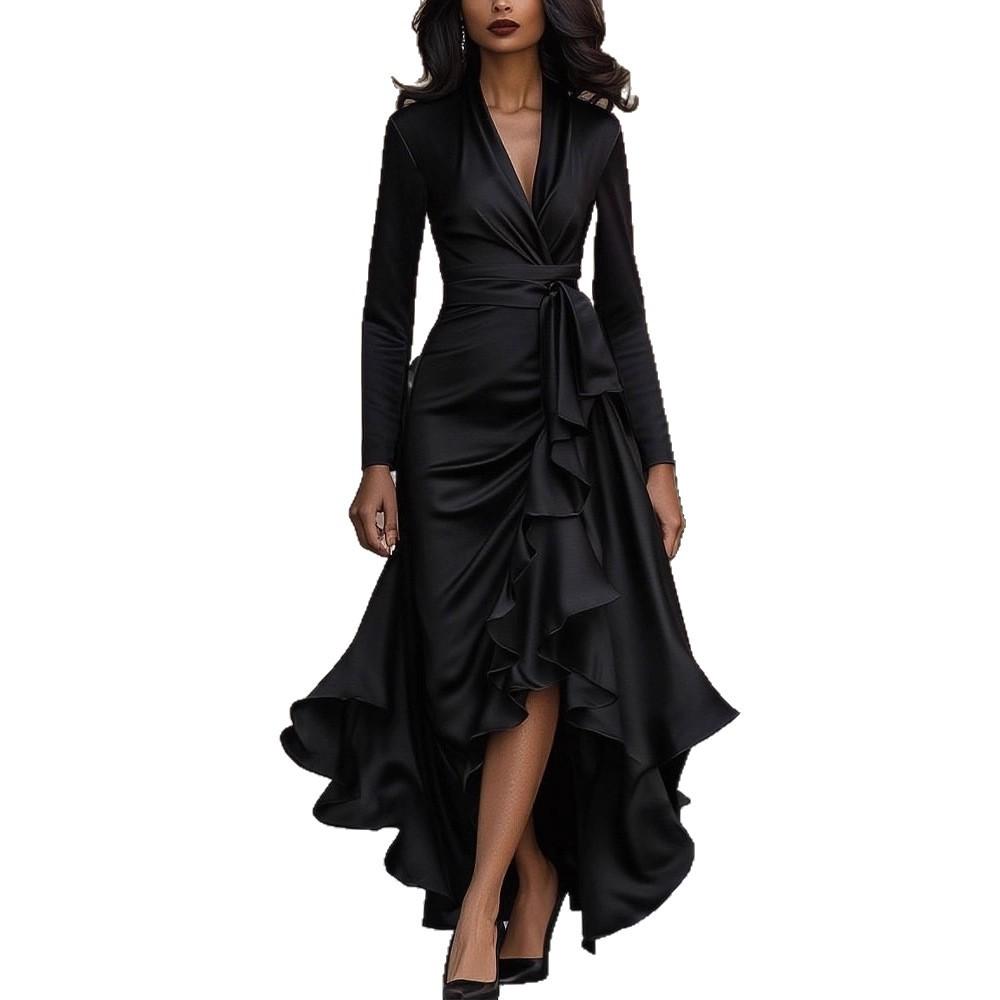 

Evening Dress Women s Long Sleeve V Neck High Waist Slim Fit Ruffle Solid Color Elegant Fashion Party Spring Autumn Dress XS чорний