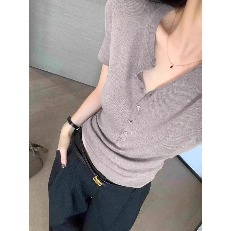 Women's Elegant Deep V Neck Short Sleeve Button Down Slim Fit Knit Top Casual Solid Color Basic Tee