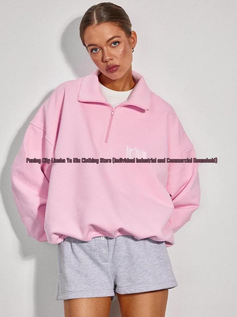 American-Style Autumn & Winter Women's Loose Fit Hip Hop Lapel Half-Zip Hoodie