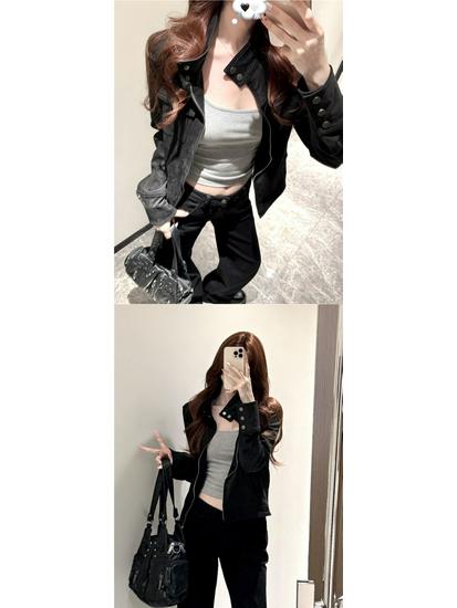 Women's Trendy Black Suede Stand Collar Retro Jacket for Spring, Autumn, and Winter