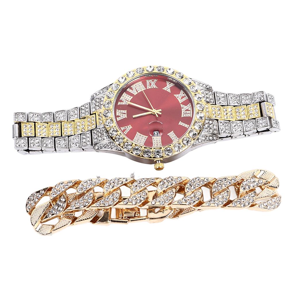 Watch Bracelet Set Diamond Decoration Built In Calender Stainless Steel Strap Business Quartz Watch for Men Gift