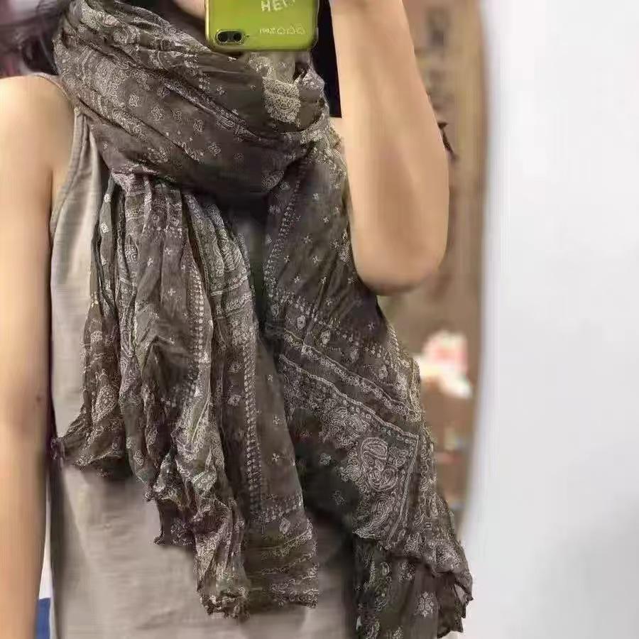 Cotton and Linen Scarf Pleated Retro Literary Floral Thin Spring and Summer Shawl Four Seasons Versatile Fashion Trend