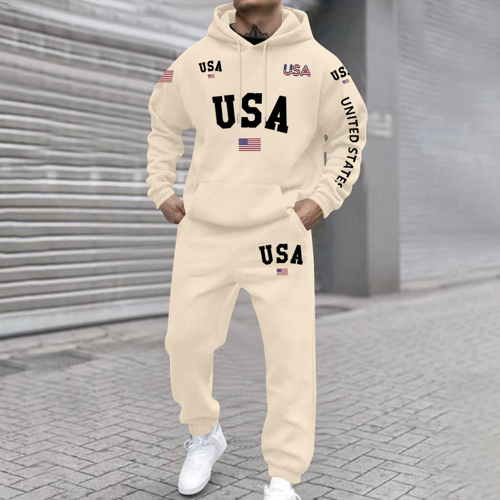 Mens Hooded Sweatshirt and Jogger Pants Set USA Letter Print Pullover Hoodie Long Sleeve Tracksuit Sportswear Outfit