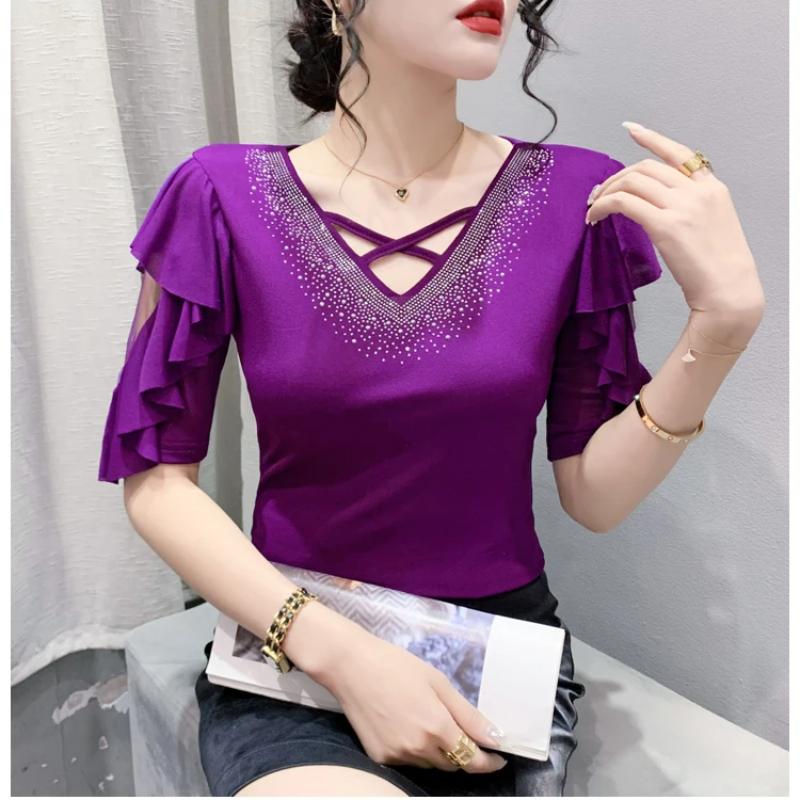 New Summer European Clothes Women's T-Shirt Fashion Sexy V-Neck Shiny Diamonds Tops Chic Hollow Out Short Sleeve All Match Tees