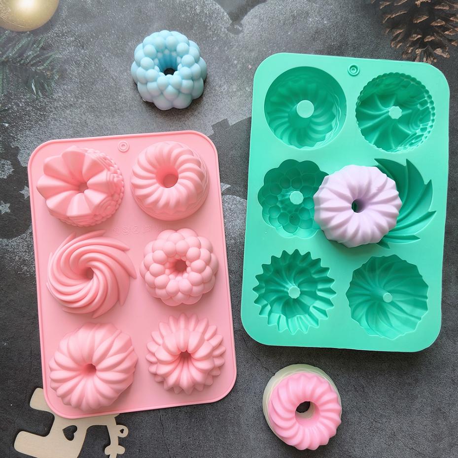 1 Pcs Silicone Donut Baking Molds Multicolor Doughnut Pans 6-Cavity Designs Donut Flower And Swirl Shaped Suitable For Baking