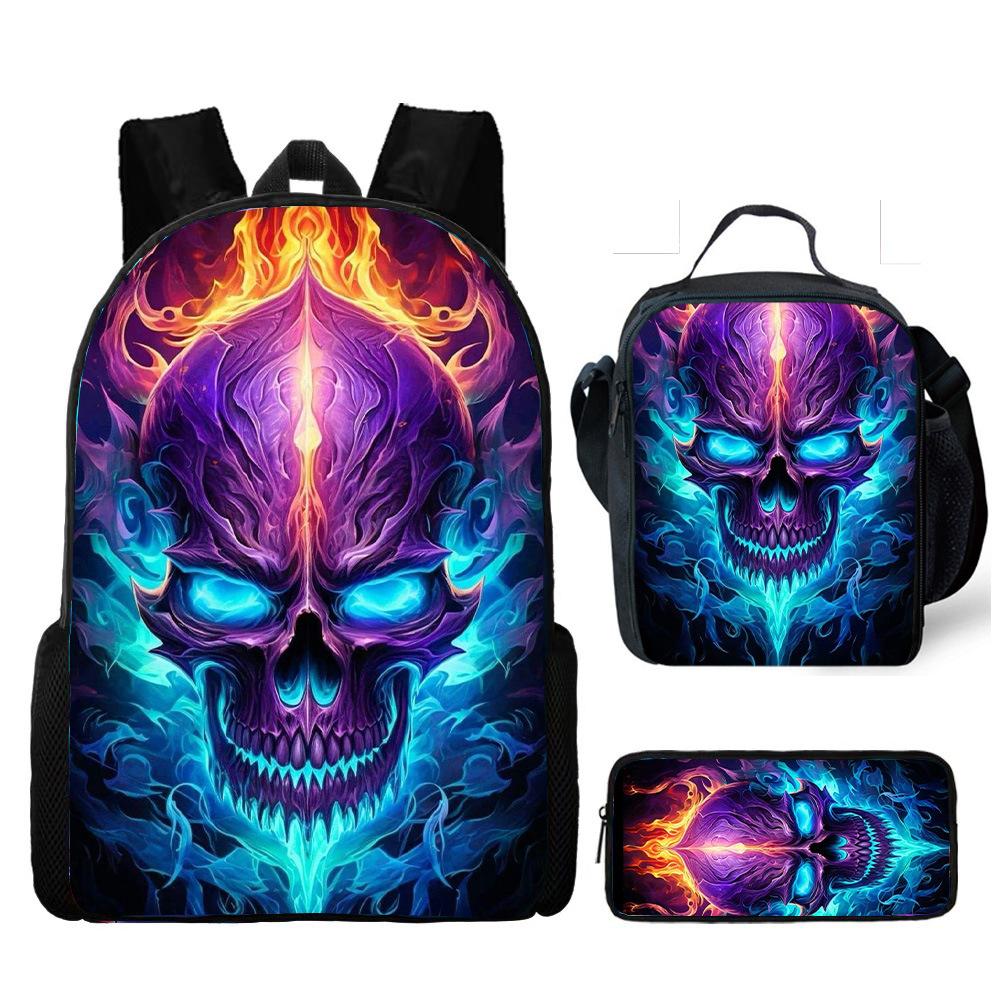 Hot Selling Skull Backpack Three Piece Set Printed Primary and Secondary School Backpack Meal Bag Pencil Case