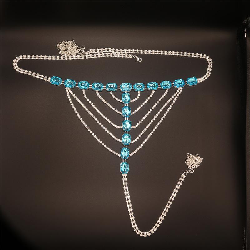 European And American Fashion Rhinestone Blue Body Chain, Luxury Long Fringed Multi-Layer Fringed Bra, Underwear, Bikini Set Gold plated