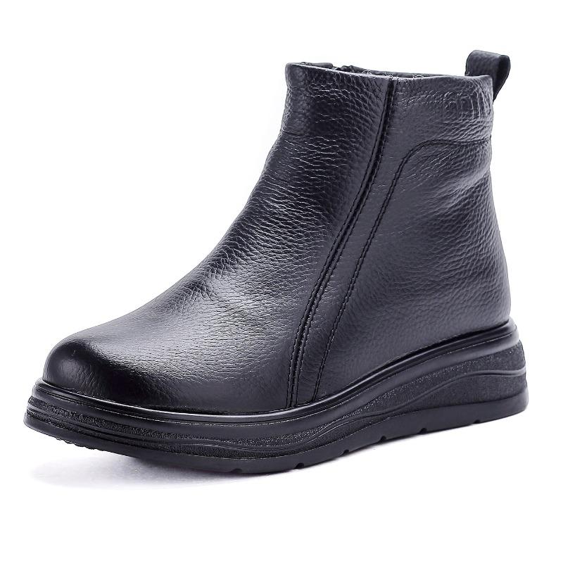 All Cowhide Wool Women's Boots Winter New Middle and Old Wedge Heel Mother Boots Retro Short Boots Platform Leather Cotton Shoes