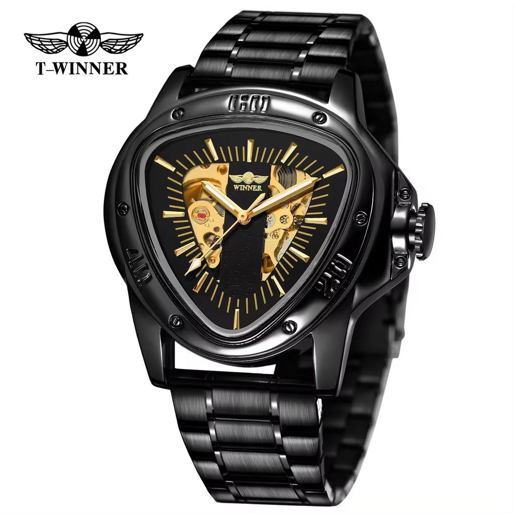 WINNER Herren Automatikuhren für Herren Luxus Hohl Dreieck Herren Mechanische Armbanduhren Skelett Wasserdicht Reloj Hombre