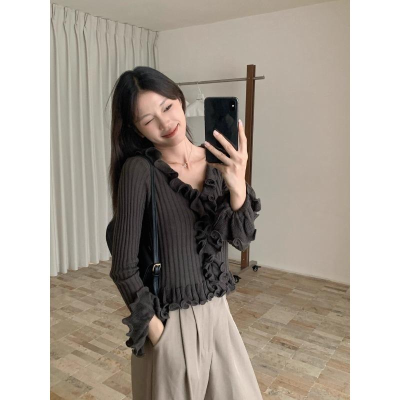 Pulover tricotat subțire cu dantelă ciupercă la modă, toamnă 2025 nou pulover de damă cu talie și decolteu în V 11950