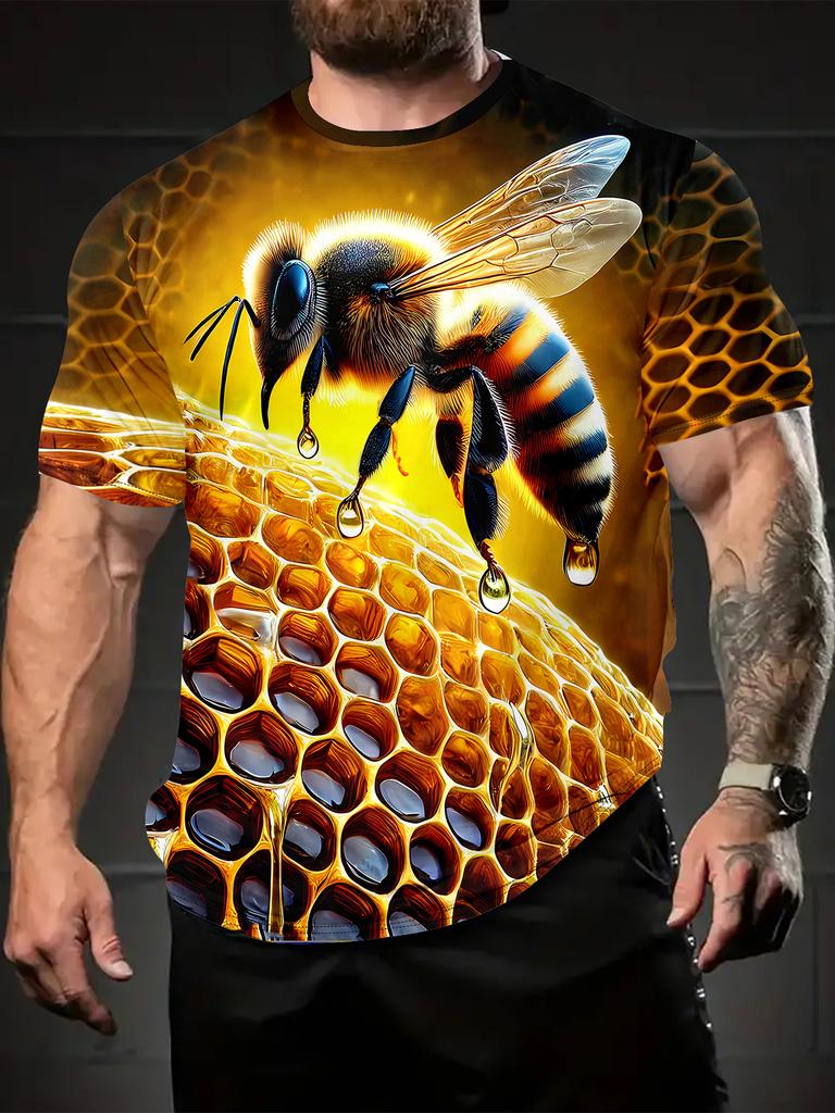 3D Bee & Honeycomb Print Men's Casual T-Shirt – Summer Outdoor Sport Top, Breathable Round Neck Design for Running, Gym, Daily Wear, Gift Idea, Trendy