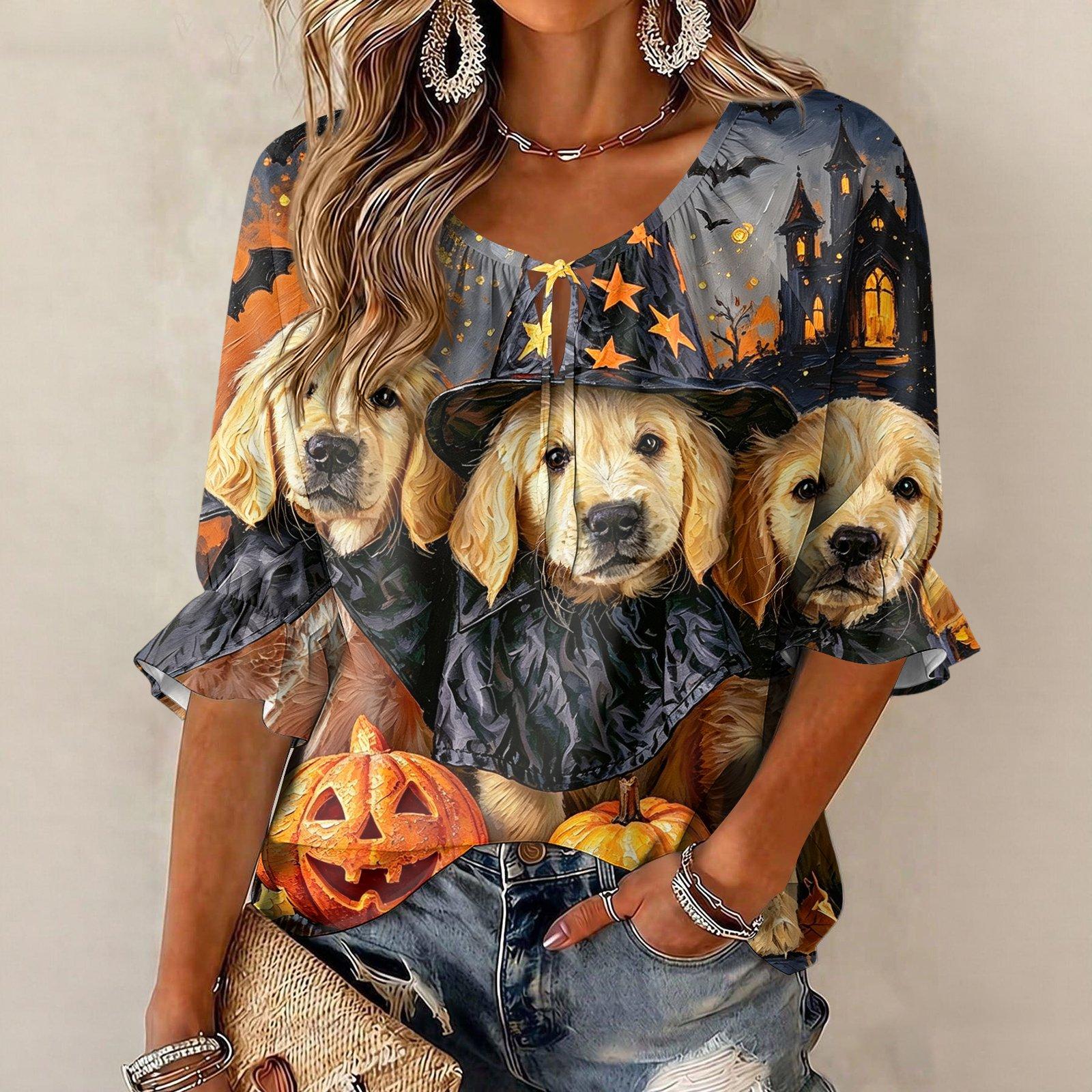 Women s Halloween Print Round Neck Tie Front Ruffle Blouse Three-Quarter Sleeve Top L