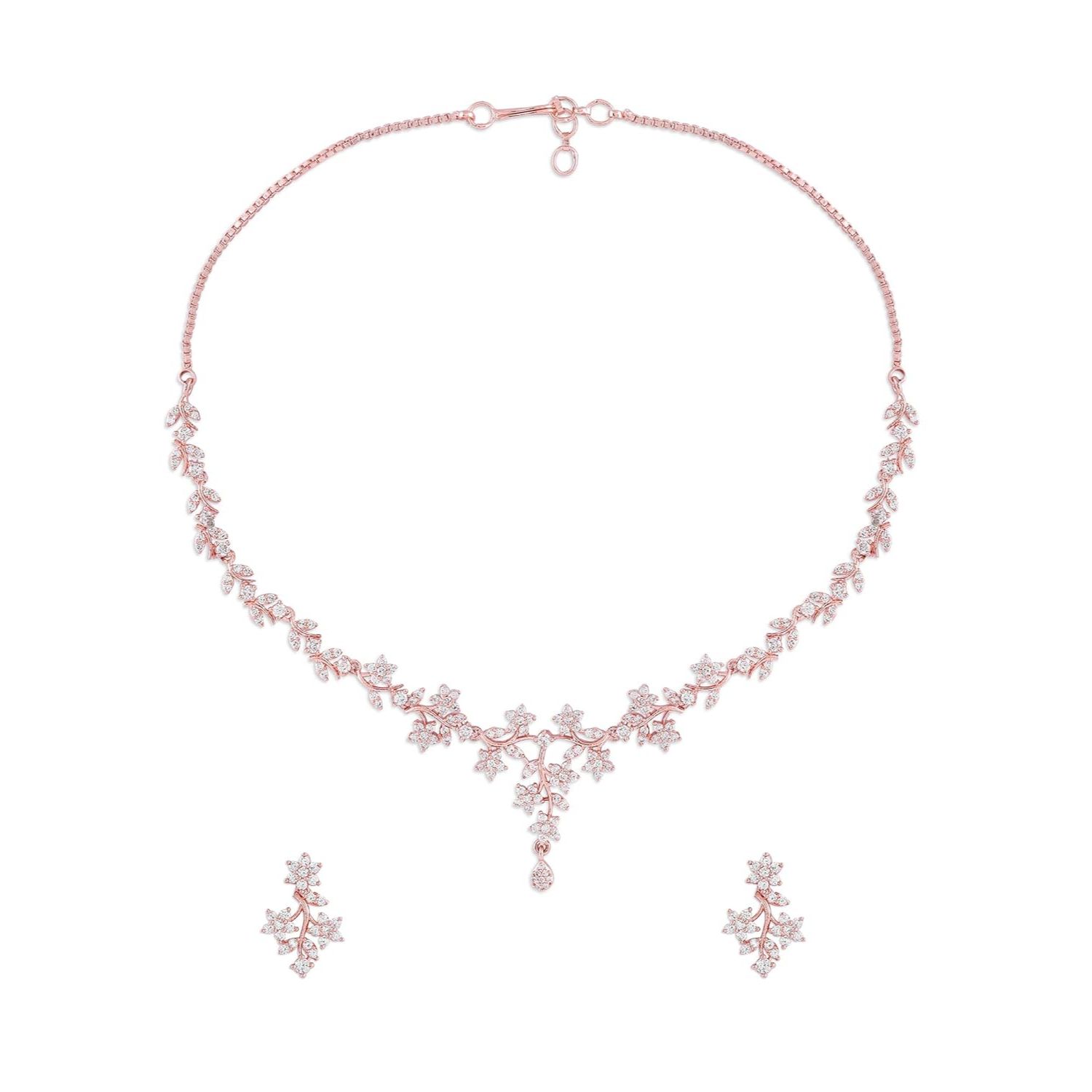 Rose Dazzling Cubic Zirconia Floral Brass Necklace & Earring Set For Women
