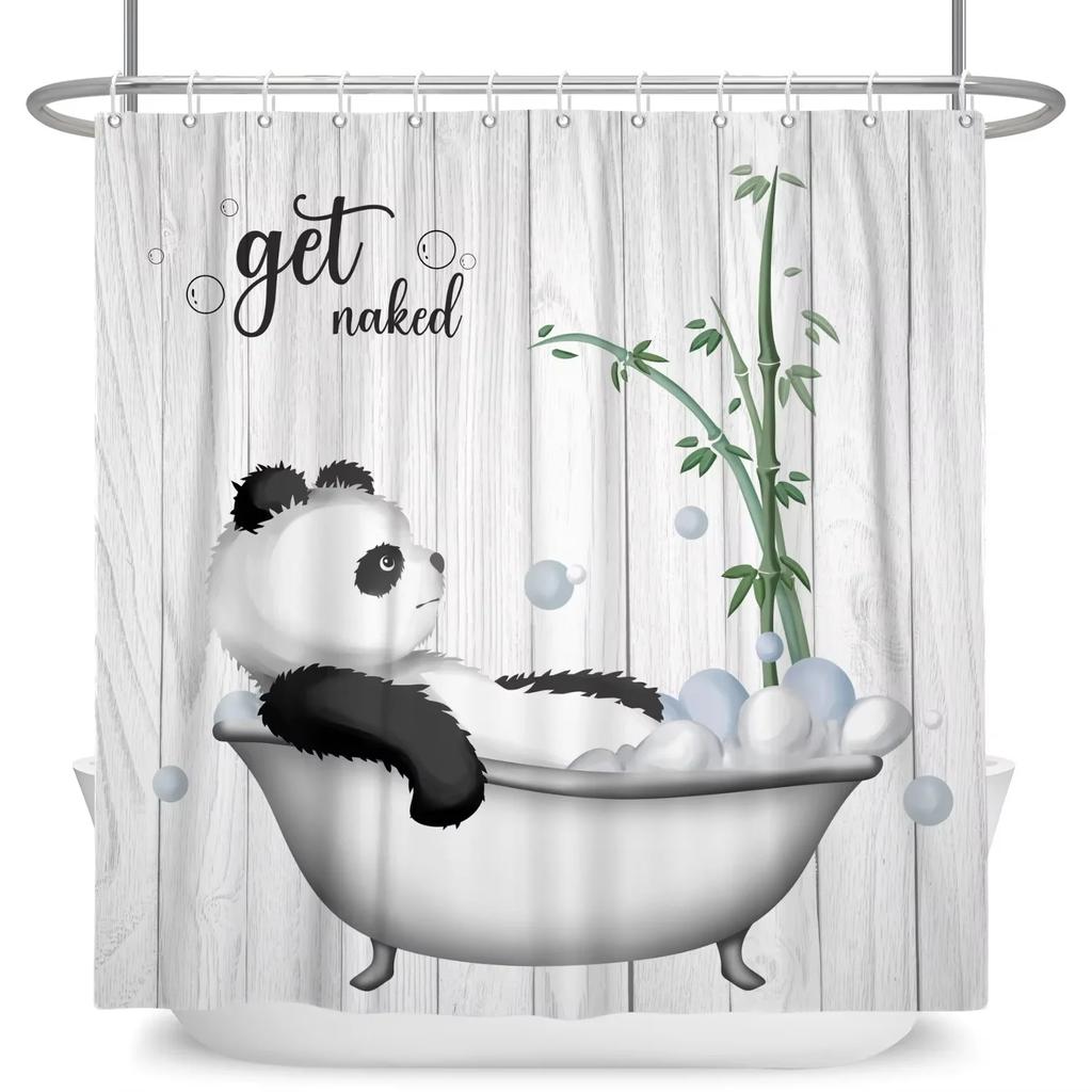 Niedliche Panda Duschvorhänge Grüner Bambus Kinder Badezimmerdeko Heim Badvorhänge Wasserdichtes Polyestermaterial Mit 12 Haken