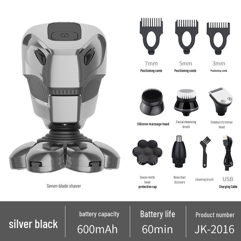 Rechargeable 7D Waterproof Electric Razor with LCD Display - Five-in-One Multifunctional Shaver Five-in-One Grooming Kit серебряный
