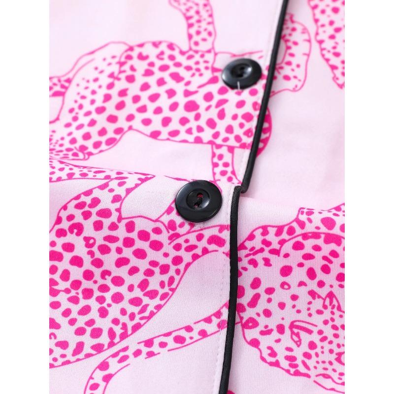 Casual Pink Leopard Print Pajama Set for Women Lapel Short-sleeved Top and Baggy Shorts Loungewear for Women