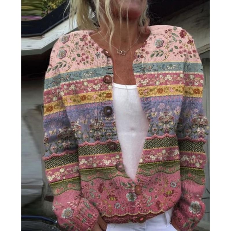 Womens Loose Knit Cardigan With Floral Print U-Neck Long Sleeve Sweater Christmas Casual Wear