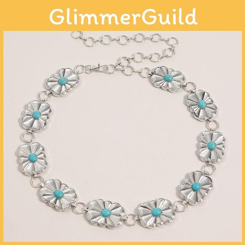 Womens Summer Spring Waist Belt With Turquoise Carved Accents And Closure Hook