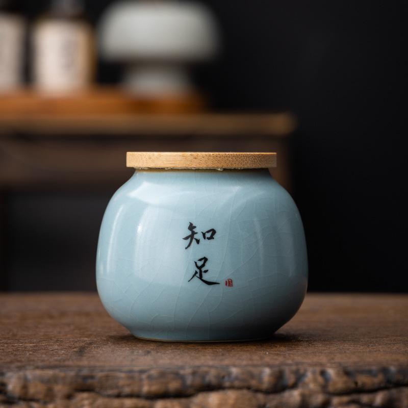 Tea Canister Ceramic Small Tianqing Ru Kiln Crackle Sealed Household Tea Storage Canister Pu'er Tea Green Tea Packaging Canister