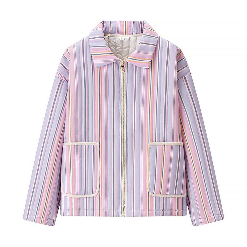 Kaslead New Women clothes Western Style Versitile Fashion Basic Stripe Cotton-Padded Coat Outerwear
