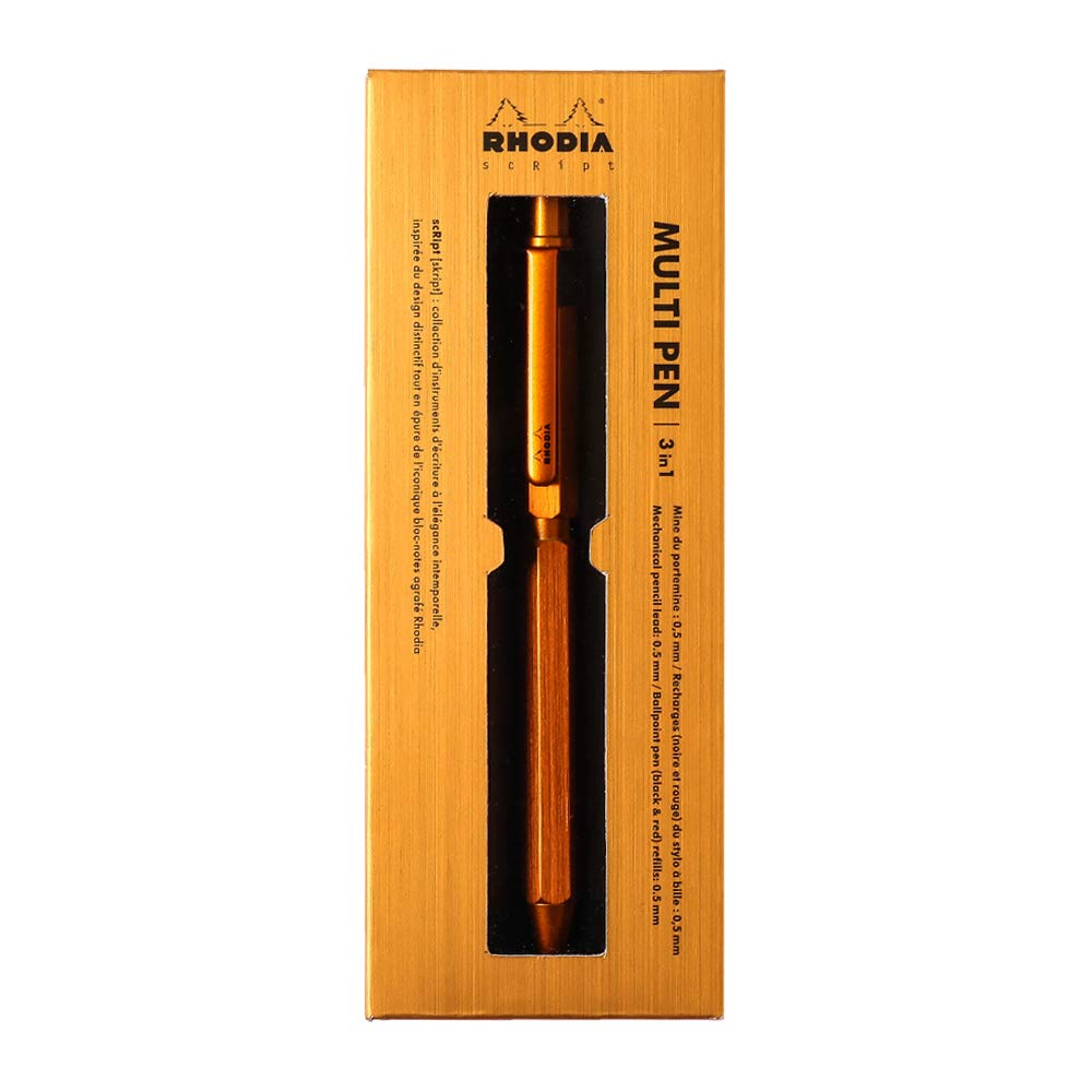 RHODIA Script Ballpoint Two Colors and and Mechanical Aluminum Body with Hairline Rotary Orange Multi-Pen, 0.5mm Oil-Based Pen, (Black Red), 0.5mm