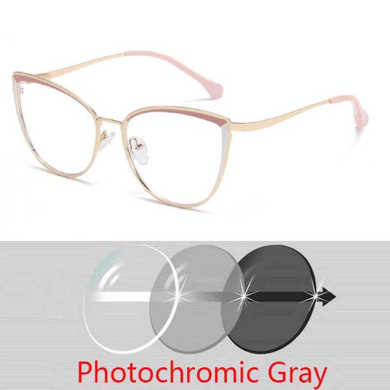Anti-blue Light Cat Eye Prescription Spectacle Women Myopia Lens Photochromic Eyeglasses Diopter 0 -0.5 -0.75 -1.0 -2.0 To -6.0