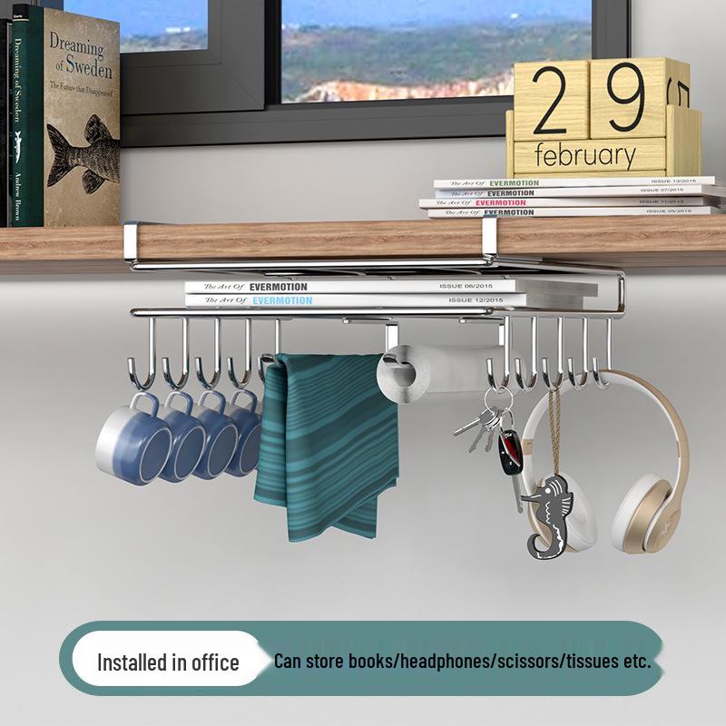Multifunctional Under-Cabinet Storage Rack with Hooks for Pot Lids and Cutting Boards