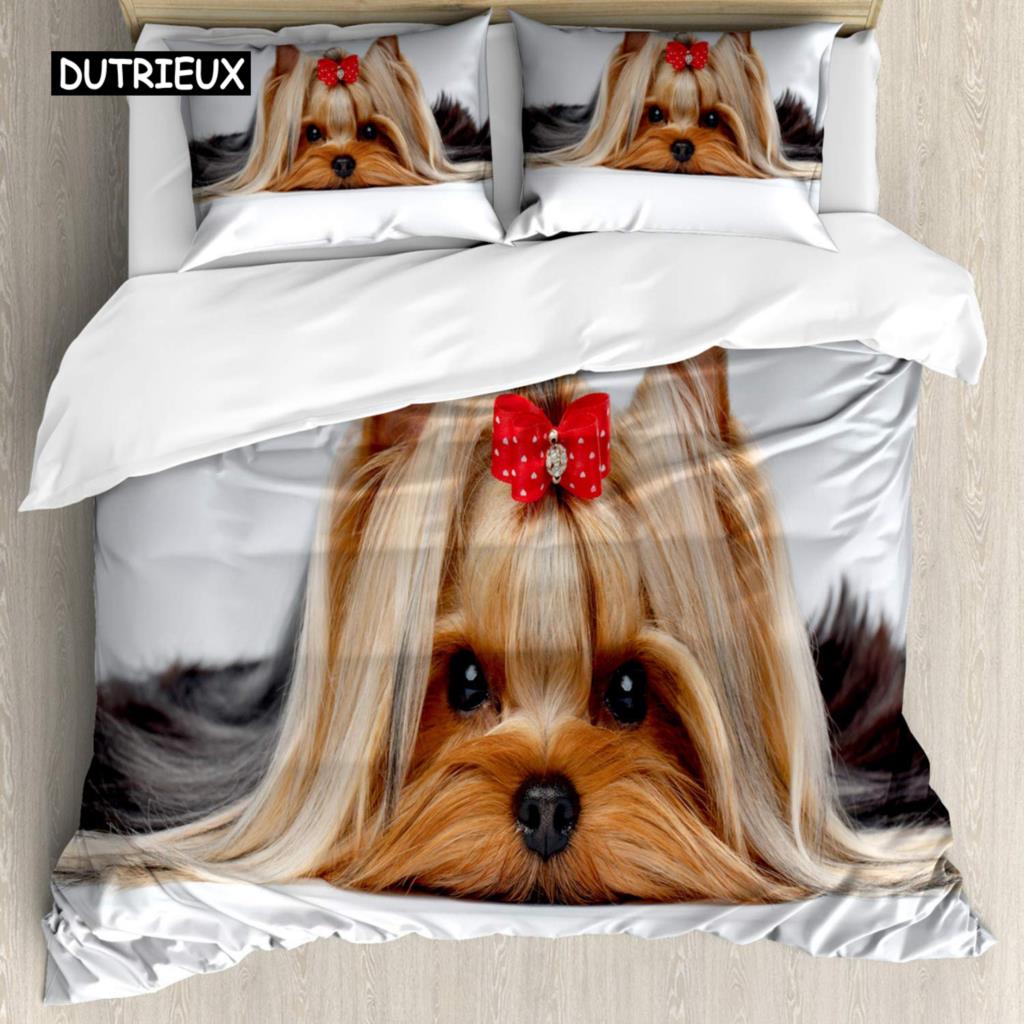 Yorkie Sada povlečení Pes se sluchátky Hudba 3dílná ložní souprava pro děti Dívky Chlapce King Size Štěněcí motiv Měkký povlak na přikrývku