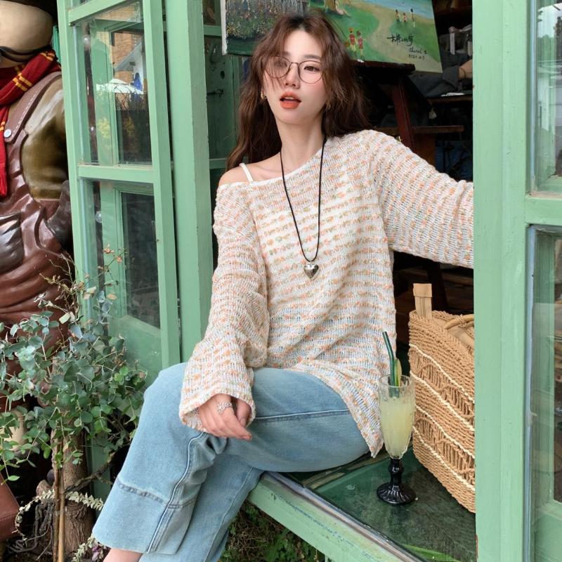 Hollow Out Lazy Crew Neck Knitwear Women's Loose Versatile Slimming Top