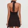 European and American summer solid color V-neck pleated hanging neck fashionable slim fit backless dress