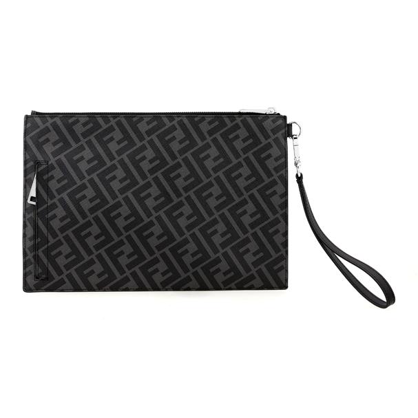 Fendi Monogram Logo FF Pattern Color Block Striped Coated Wristband Canvas And Leather Clutch Men Clutch Black Gray Yellow 7N0110-A9XS-F0R2A