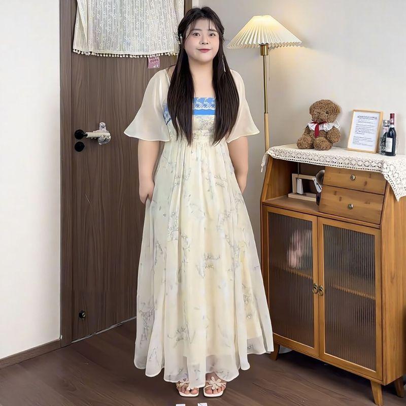 

Plus-Size Women s Clothing for Chubby Women, New Chinese-Style Embroidered Casual Hanfu Dress, Summer 2026, Slimming and Versatile Casual Dress Apricot M