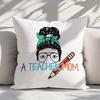 "Teacher Mom" Pillow Cover 2D Printed Polyester Sofa Cushion Case – Fun Cartoon Design For Educator Parents 40X40Cm