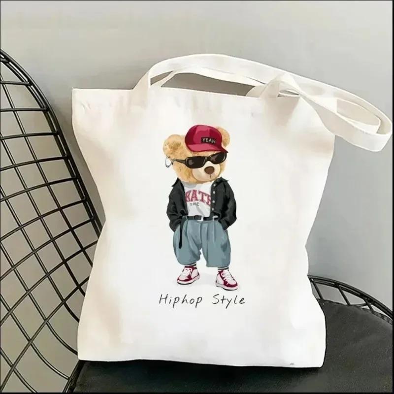 Harajuku Cute Bear Art Shoulder Bags Kawaii Tote Handbag Canvas Girl Environmental Large Capacity Portable Shopping Bag