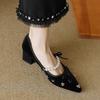 Fashion Japanese Style Lolita Block Heel Woman Pumps with Bow Medium Heels Chunky Pointed Toe Mary Jane Shoes for Women Gothic Pearl Y2k