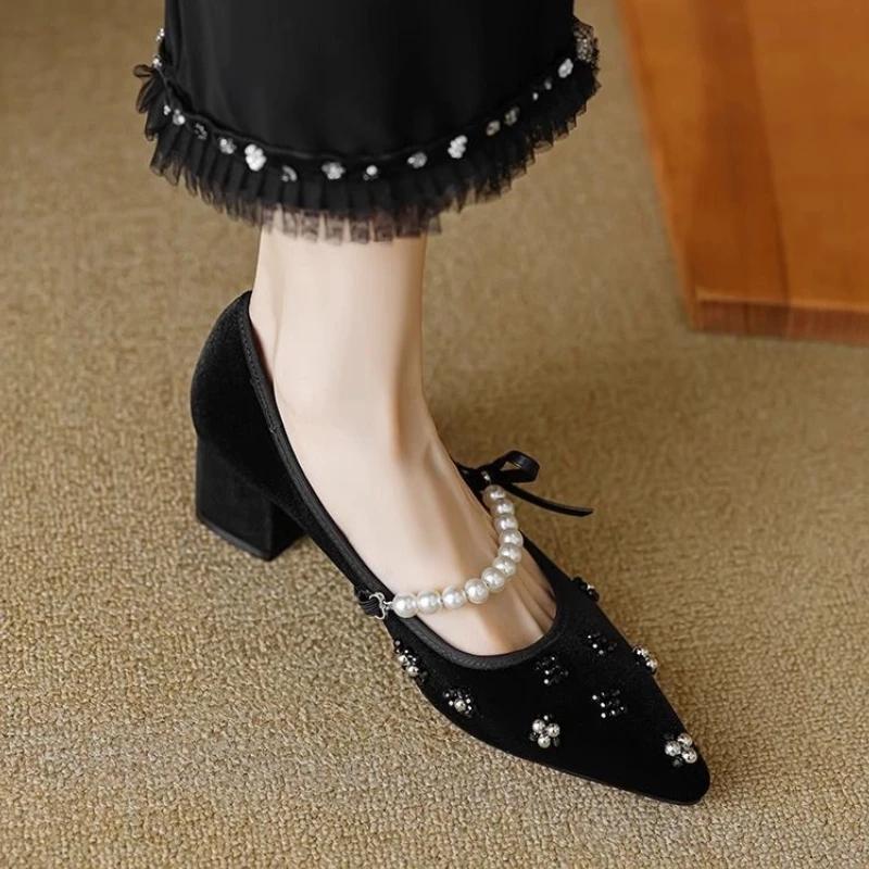 Fashion Japanese Style Lolita Block Heel Woman Pumps with Bow Medium Heels Chunky Pointed Toe Mary Jane Shoes for Women Gothic Pearl Y2k