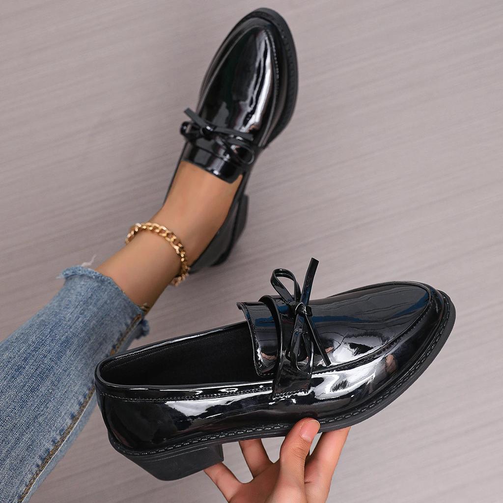 Fashion PU Leather Women's Shoes 2025 Spring Pointed Toe Slip-on Women's Casual Loafers Elegant Bow Office Med Heel Shoes Zapatos Mujer