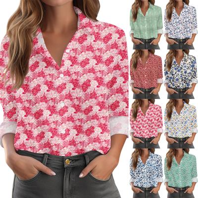 Women's Shirt With Floral Print Buttons, Long Sleeved Casual Regular Shirt Blouses Casual Plus Size Basic Tops
