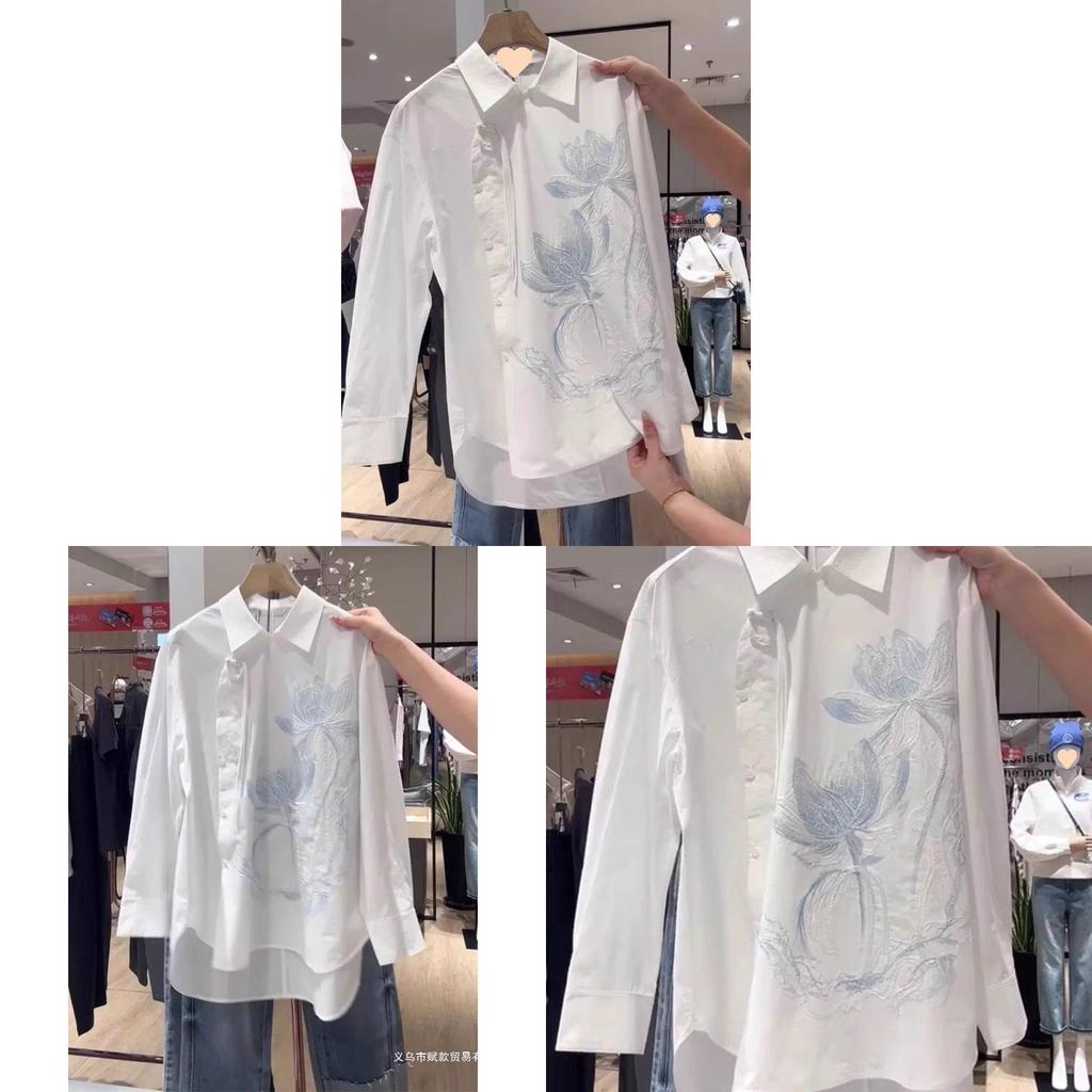 Modern Chinese Style Embroidered Long Sleeve Shirt With Polo Collar For Office Wear