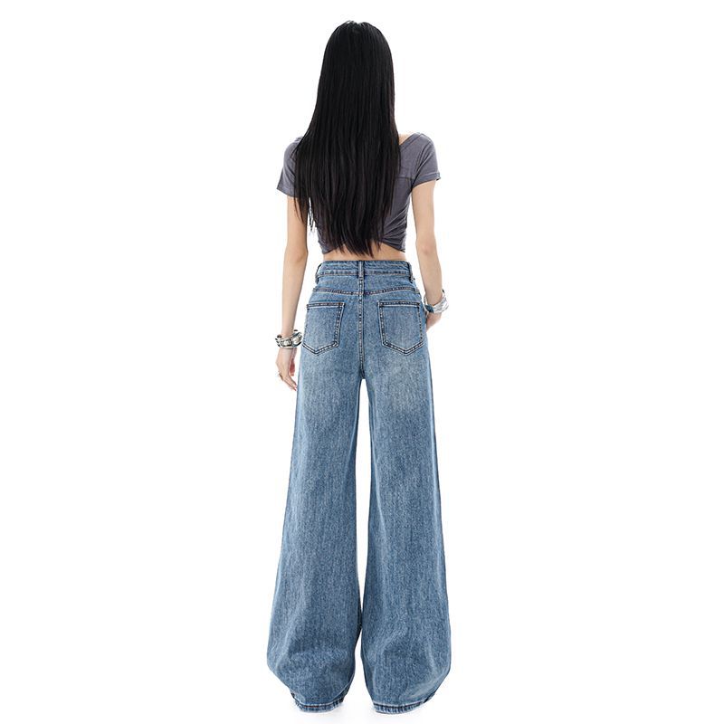 Spring Summer High Waist Stretch Rhinestone Minimal Slim Floor Wide Leg Denim Pants For Women Casual Pants Oversize Denim Trousers