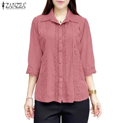 Women Turn Down Collar 3/4 Sleeve Lace Splice Blouse