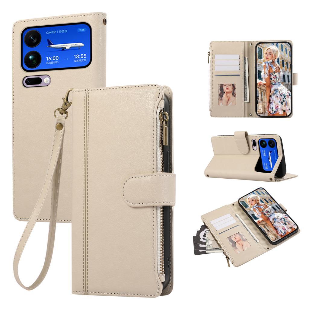 For Xiaomi 17 Pro Max Case Multi Card Slots Zipper Leather Phone Cover with Wrist Strap