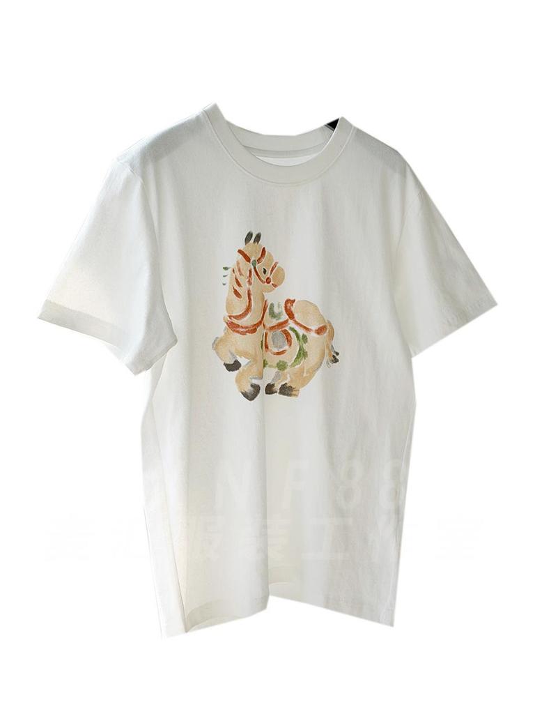 Organic Cotton Hand-Painted Floral Horse Print Round Neck Loose T-Shirt for Women - Short Sleeve, Versatile, Comfortable, Early Spring Wear