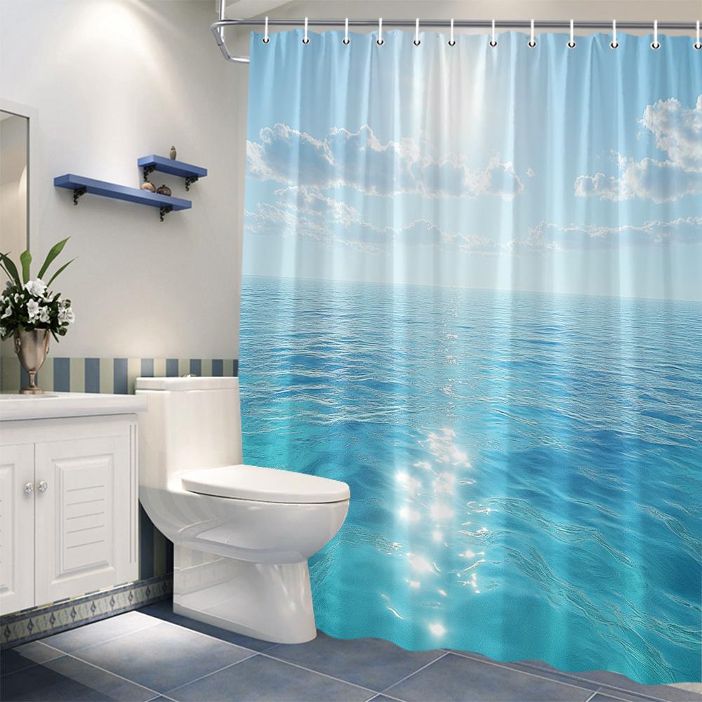1pc Serene Ocean View Shower Curtain - Tranquil Coastal Scene with Calm Turquoise Waters & Clear Blue Sky, 12 Hooks, 177.8x177