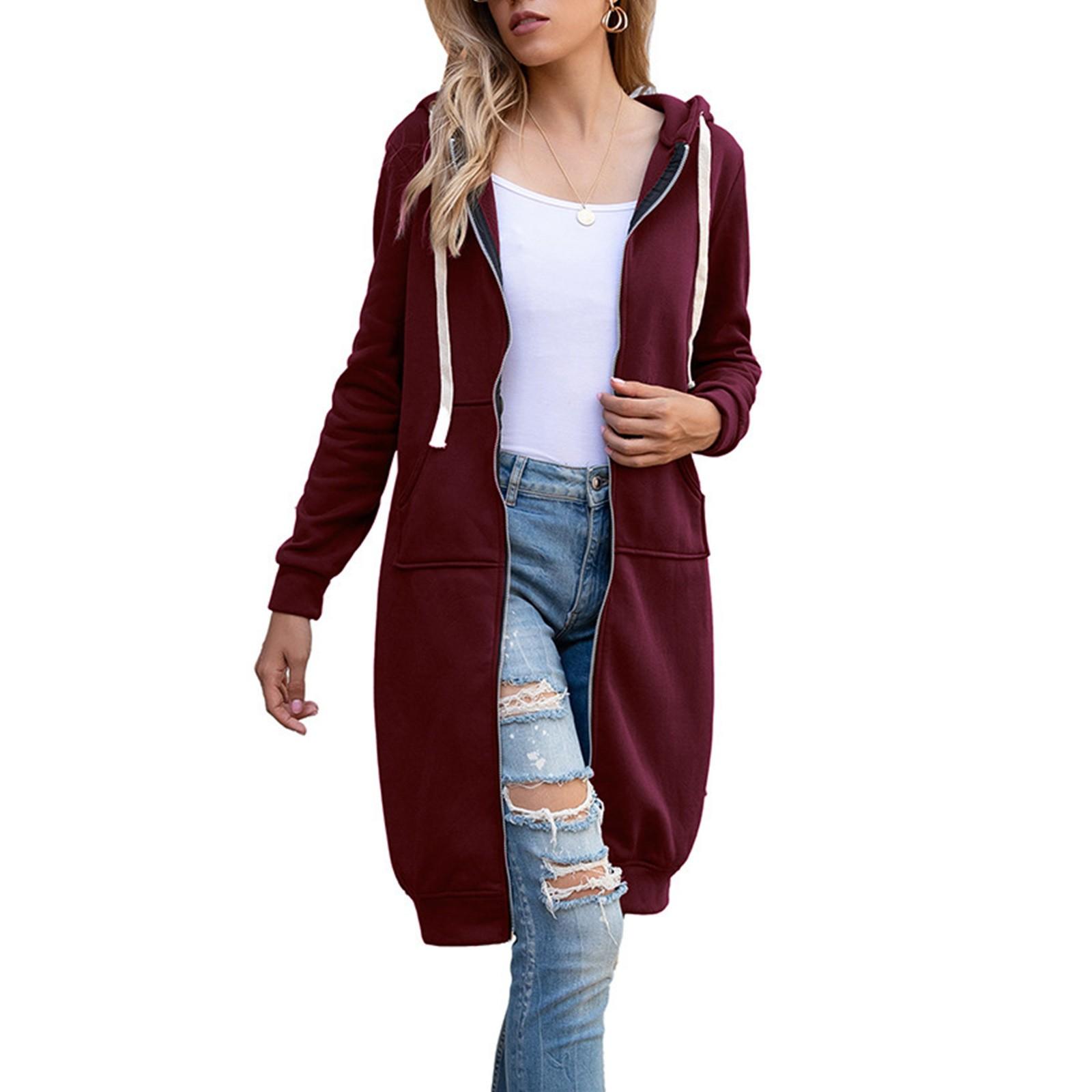 

Новое модное женское однотонное облегающее пальто средней длины с застежкой-молнией и круглым вырезом, с длинным рукавом и капюшоном XL винный