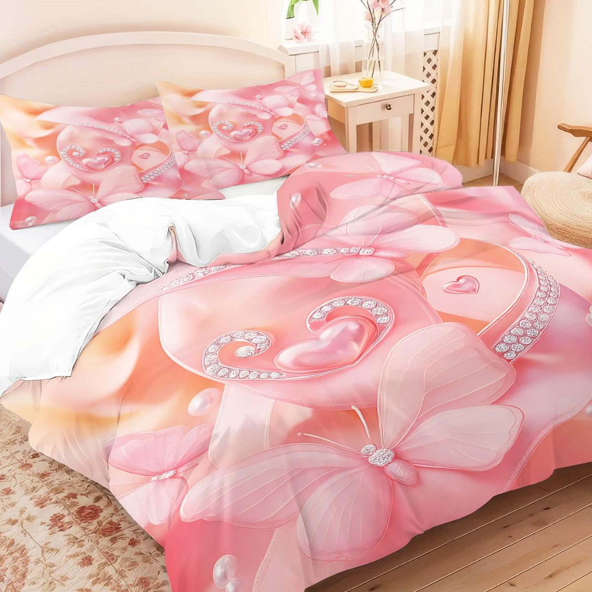 

3pcs Pink Floral Butterfly Pattern Duvet Cover Set, 1 Duvet Cover+2 Pillowcases, Coreless. Soft and Comfortable Bedding Set 135x200cm-EU-Single&set